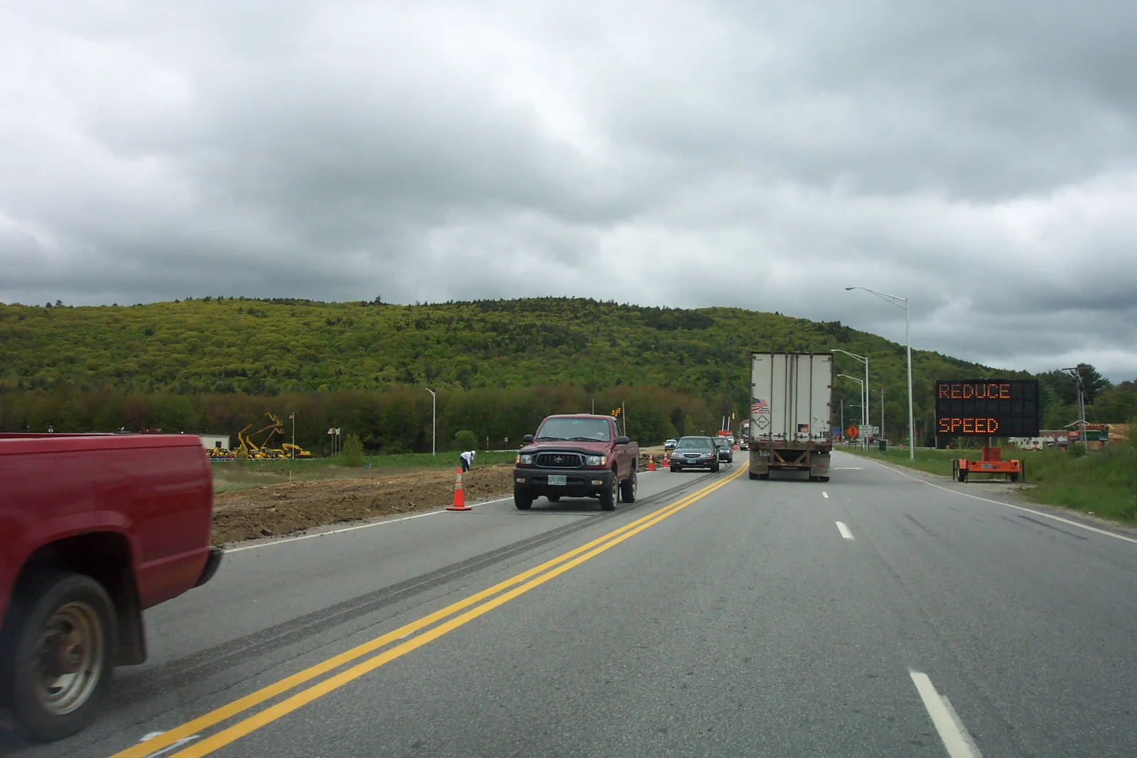 A construction zone marked the beginning of the bridge to Vermont. 