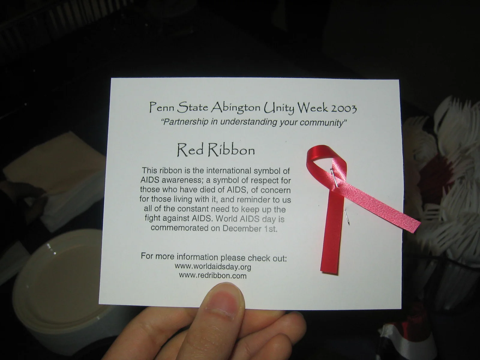 These ribbons were handed out to students during Unity Week. Red ribbons facilitate AIDS awareness.