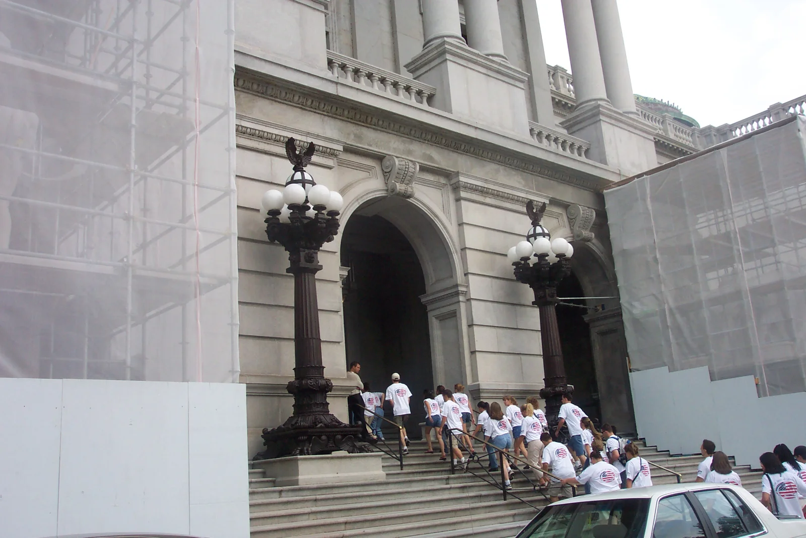Some repairs were being made to the exterior facades of the building while the students entered through the front doors. 