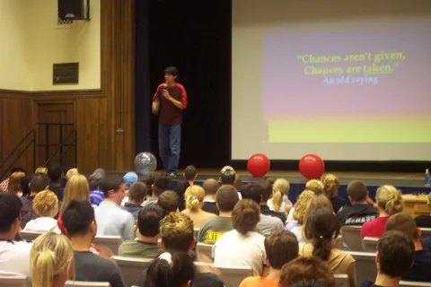 When Patrick Combs finally took the stage, the students paid their full attention to his message. 