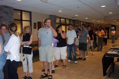 Another view of the line of parents that stretched all the way back to the main doors of the Lares building. 