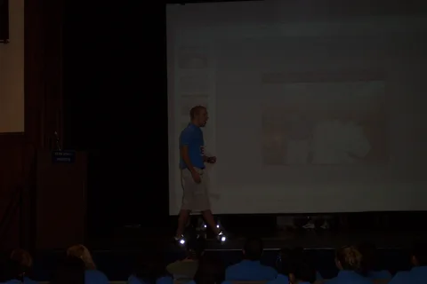 "Dapper" Dane Zdunowski introduces "Scuba" Steve Sokolowski during the spirit activity.