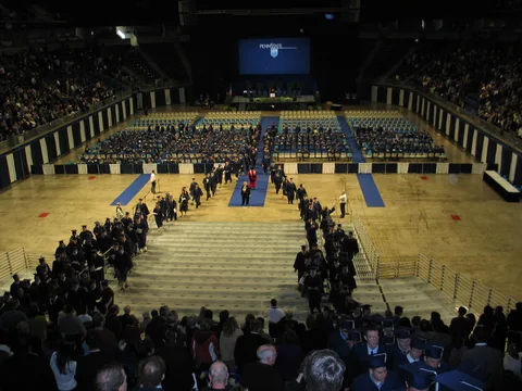 Huge sets of stairs were set up at the back of the Center, and students filed up them to conclude the ceremony. 