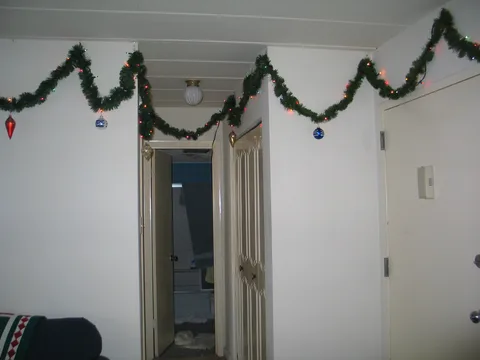 This hall leads to the bathroom and the bedroom. 