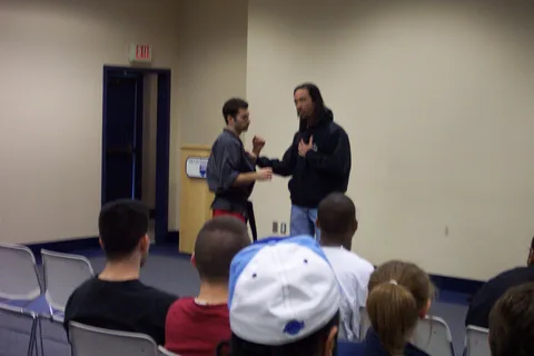 These two martial arts experts were invited by the Asian Student Association to talk about self-defense. 