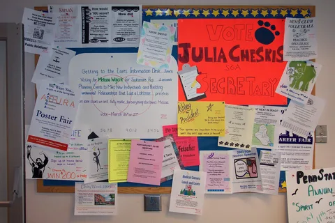 Campaign literature filled most of this and other bulletin boards.
