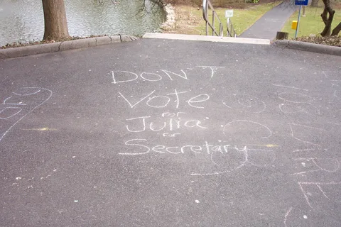 Some vandals had a little fun with the campaign slogans as well.