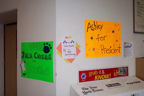 Ashley Martin and Julia Cheskis violated the rules by posting signs on the wall with tape in the Woodland building.