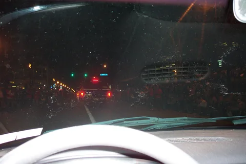 Another ugly car picture of the approaching judges' stand at the corner of College and Allen. 