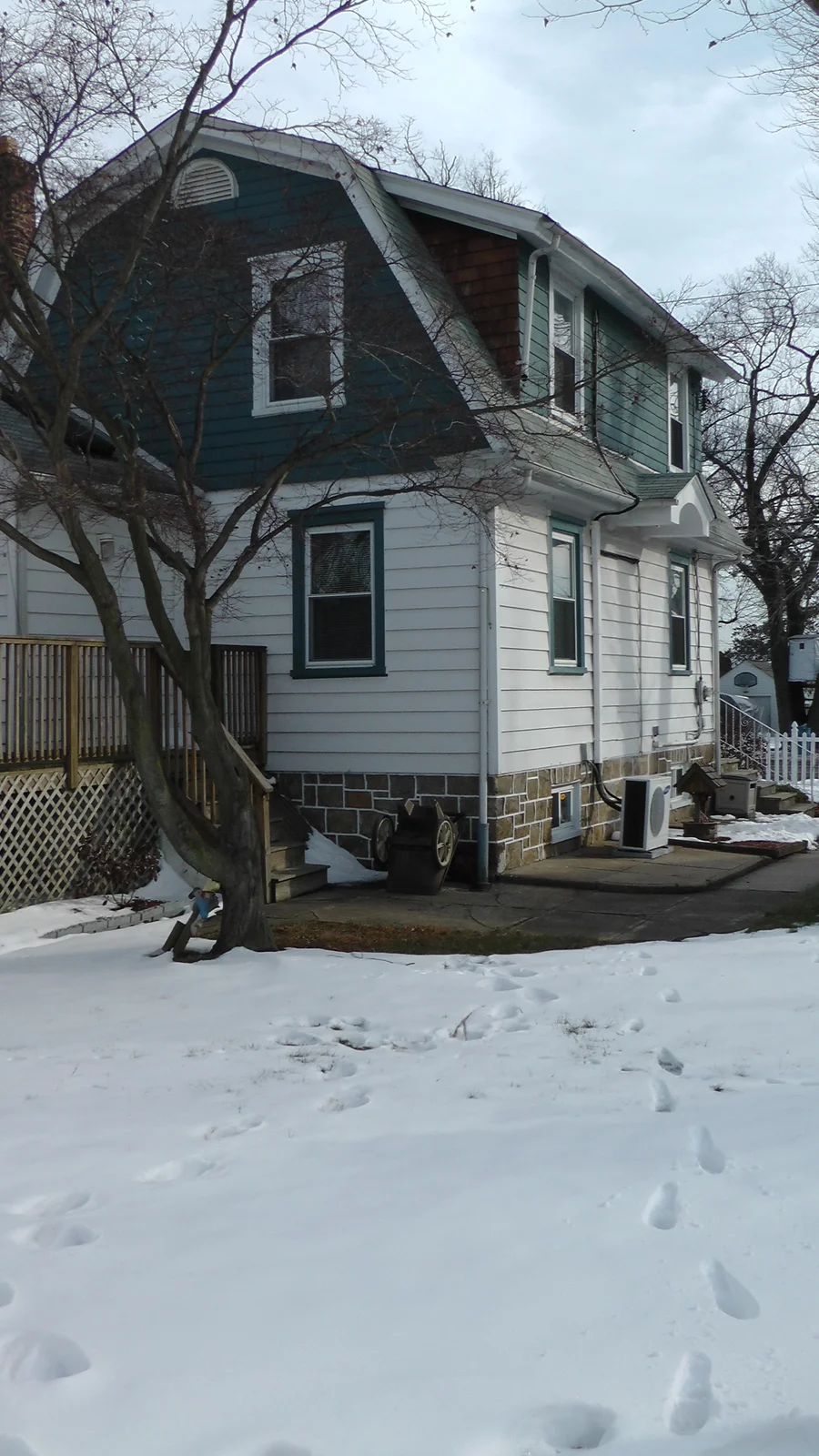 The rear of the house, viewed from the corner of the backyard.