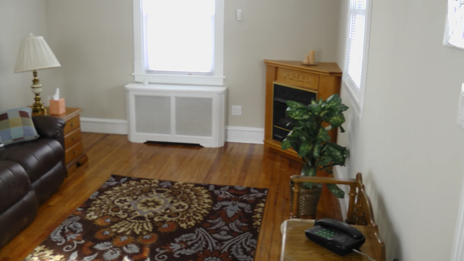 A working gas fireplace is installed in the corner of the living room.