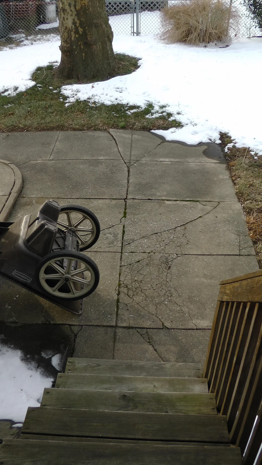 A look down the stairs leading to the back deck from the ground level.