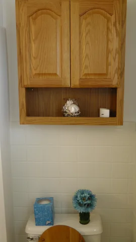 A cabinet above the toilet provides storage space for medications and toiletries.