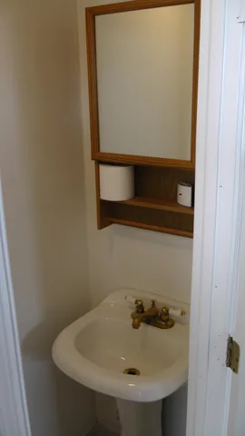 This vanity in the powder room provides occupants a place to freshen up after dinner without having to walk upstairs.