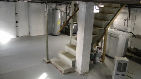 A view of the basement stairwell, from the bottom.