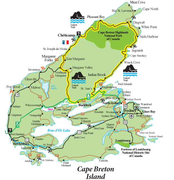 Cape Breton island with the Cabot Trail highlighted in yellow